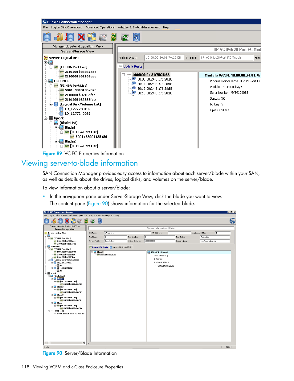 Viewing server-to-blade information, 89 vc-fc properties information, 90 server/blade information | HP 8.20q Fibre Channel Switch User Manual | Page 118 / 162