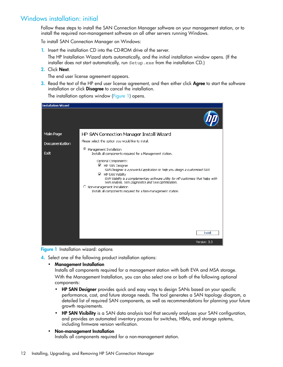 Windows installation: initial, 1 installation wizard: options, Bed in | Windows, Installation: initial | HP 8.20q Fibre Channel Switch User Manual | Page 12 / 162