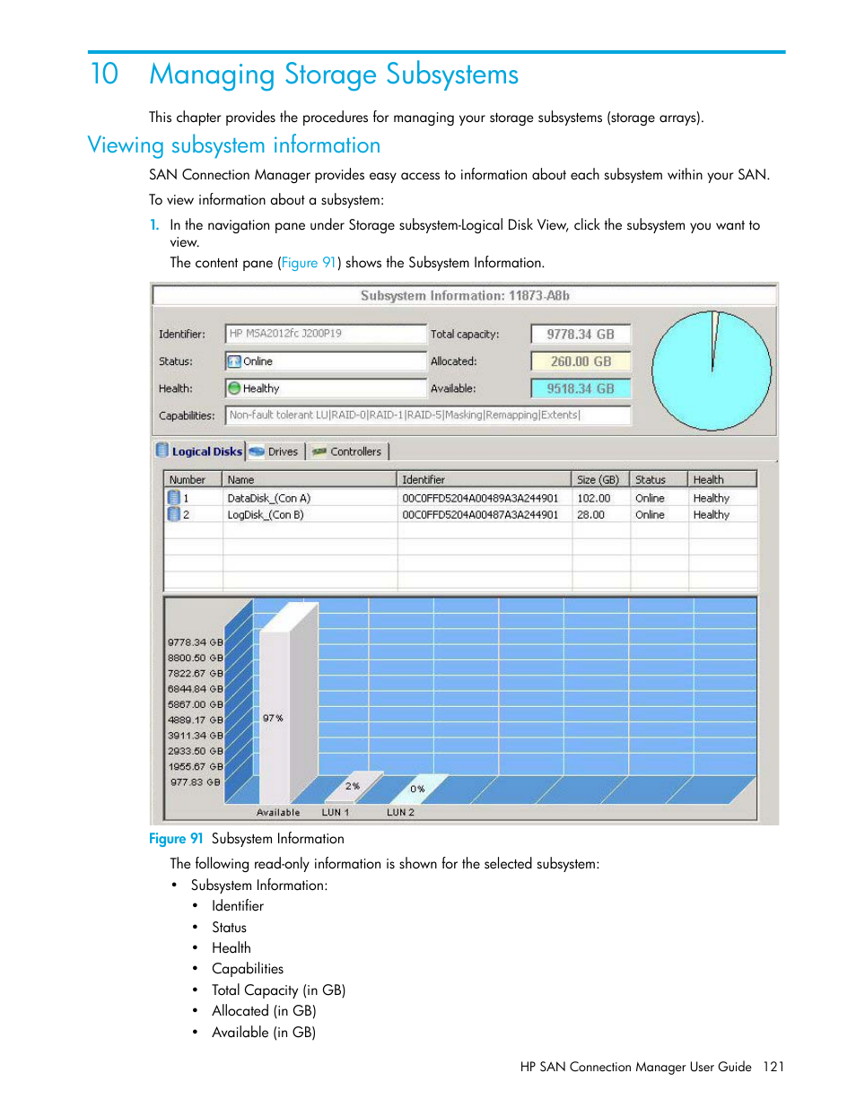 Managing storage subsystems, Viewing subsystem information, 10managing storage subsystems | 91 subsystem information, 10 managing storage subsystems | HP 8.20q Fibre Channel Switch User Manual | Page 121 / 162