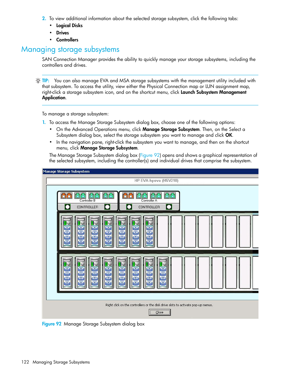 Managing storage subsystems, 92 manage storage subsystem dialog box, Managing storage | Subsystems | HP 8.20q Fibre Channel Switch User Manual | Page 122 / 162