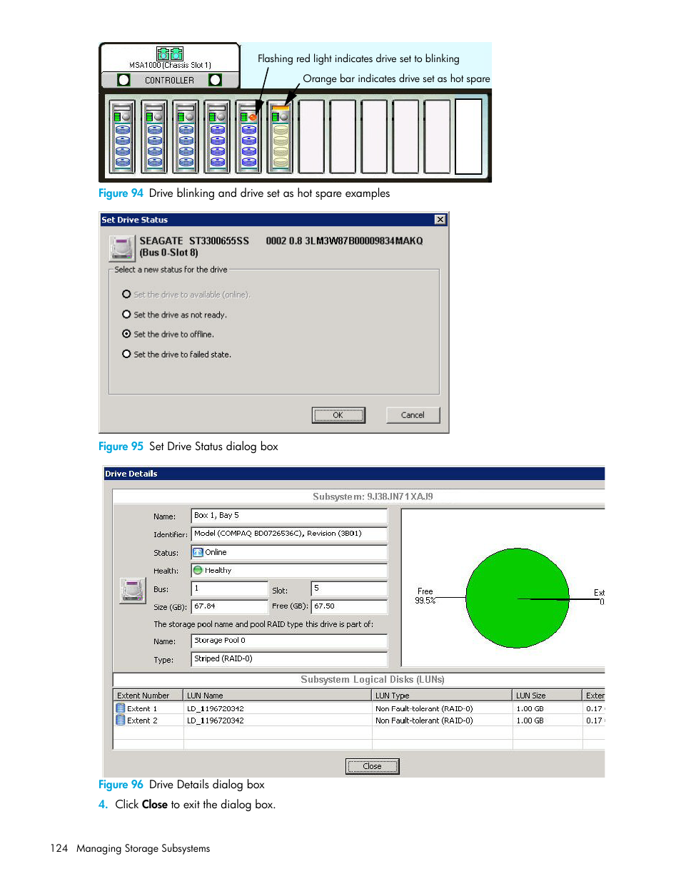 95 set drive status dialog box, 96 drive details dialog box, Figure 96 | Figure 94, Figure 95, And d | HP 8.20q Fibre Channel Switch User Manual | Page 124 / 162