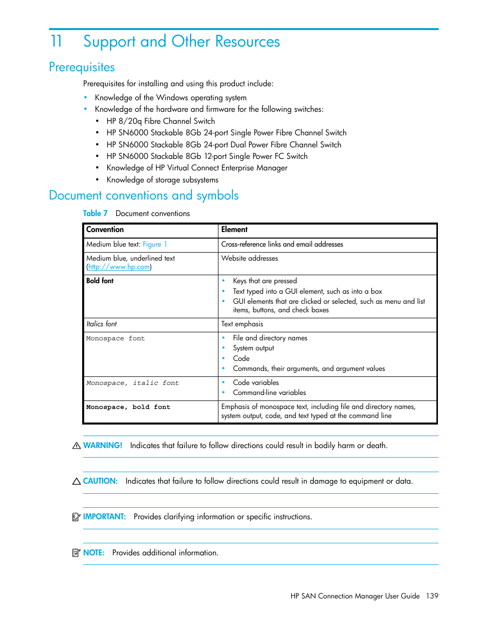 Support and other resources, Prerequisites, Document conventions and symbols | Table 7 document conventions, 11support and other resources, 7 document conventions, 11 support and other resources | HP 8.20q Fibre Channel Switch User Manual | Page 139 / 162