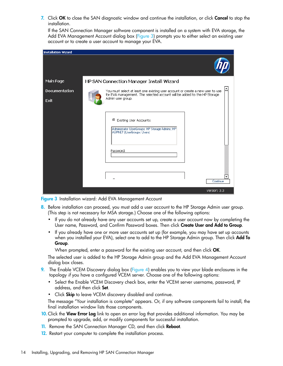 3 installation wizard: add eva management account | HP 8.20q Fibre Channel Switch User Manual | Page 14 / 162