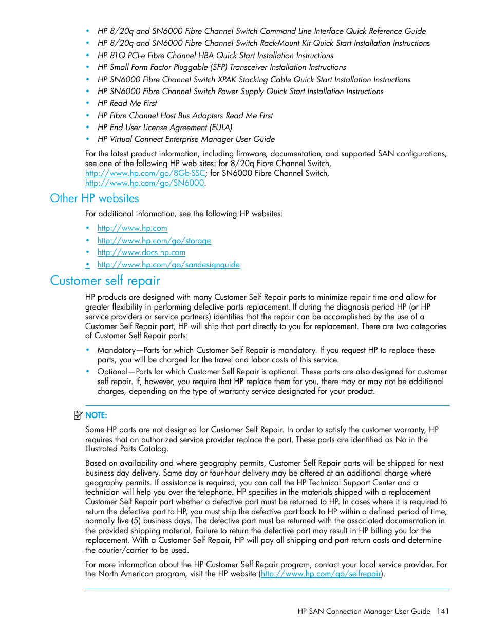 Other hp websites, Customer self repair | HP 8.20q Fibre Channel Switch User Manual | Page 141 / 162