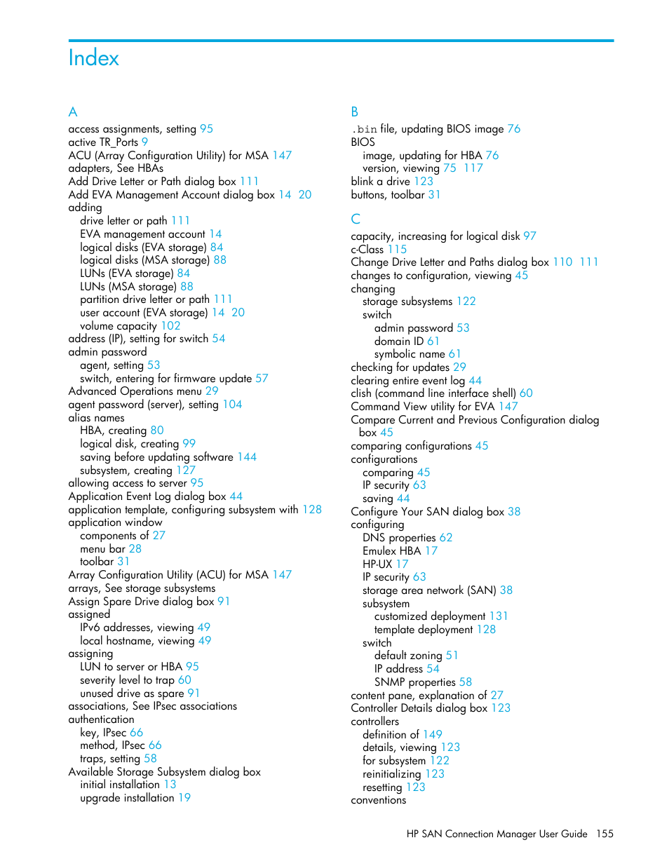 Index | HP 8.20q Fibre Channel Switch User Manual | Page 155 / 162