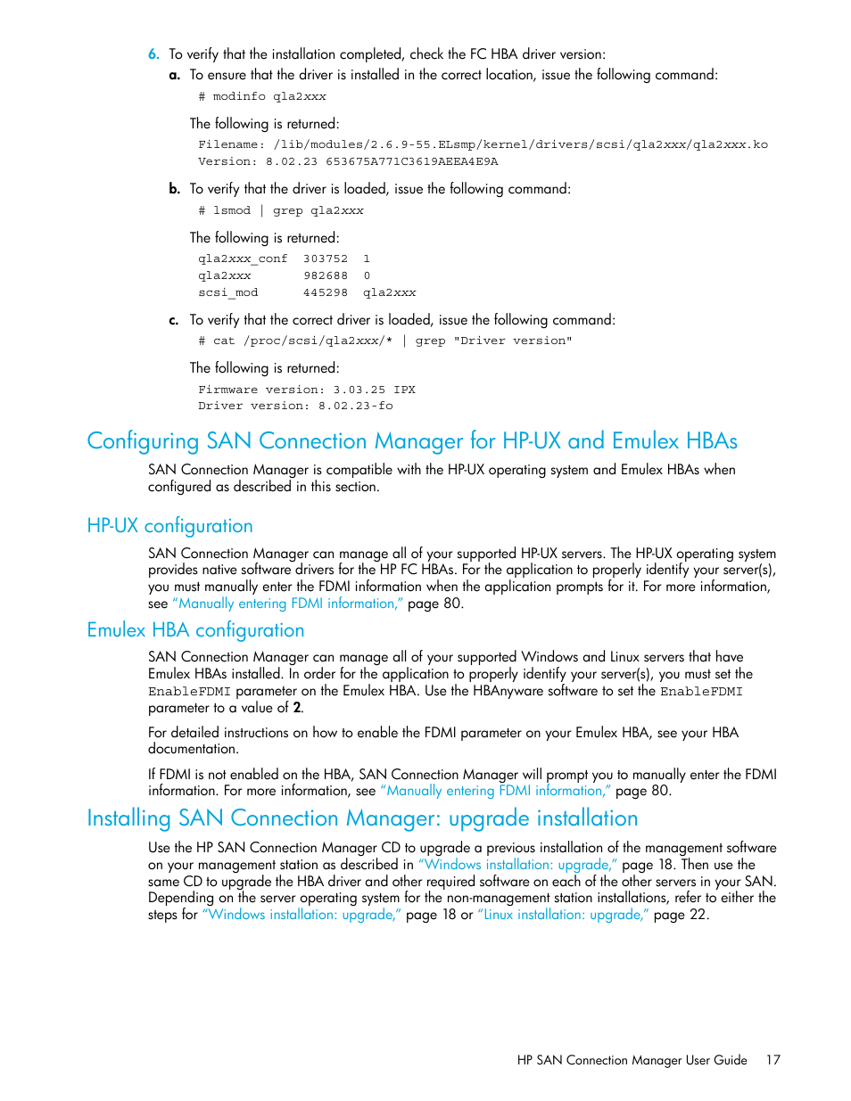 Hp-ux configuration, Emulex hba configuration, Configuring san | Connection manager for hp-ux and emulex hbas | HP 8.20q Fibre Channel Switch User Manual | Page 17 / 162