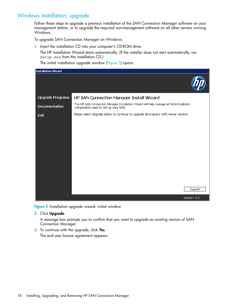 Windows installation: upgrade, 5 installation upgrade wizard: initial window | HP 8.20q Fibre Channel Switch User Manual | Page 18 / 162