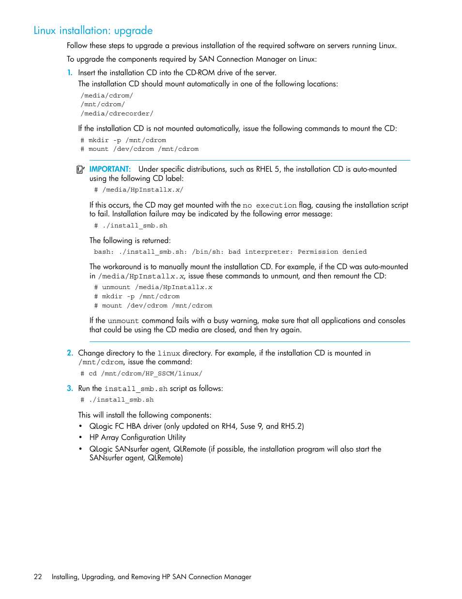 Linux installation: upgrade | HP 8.20q Fibre Channel Switch User Manual | Page 22 / 162