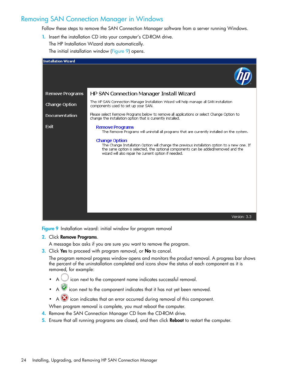 Removing san connection manager in windows | HP 8.20q Fibre Channel Switch User Manual | Page 24 / 162