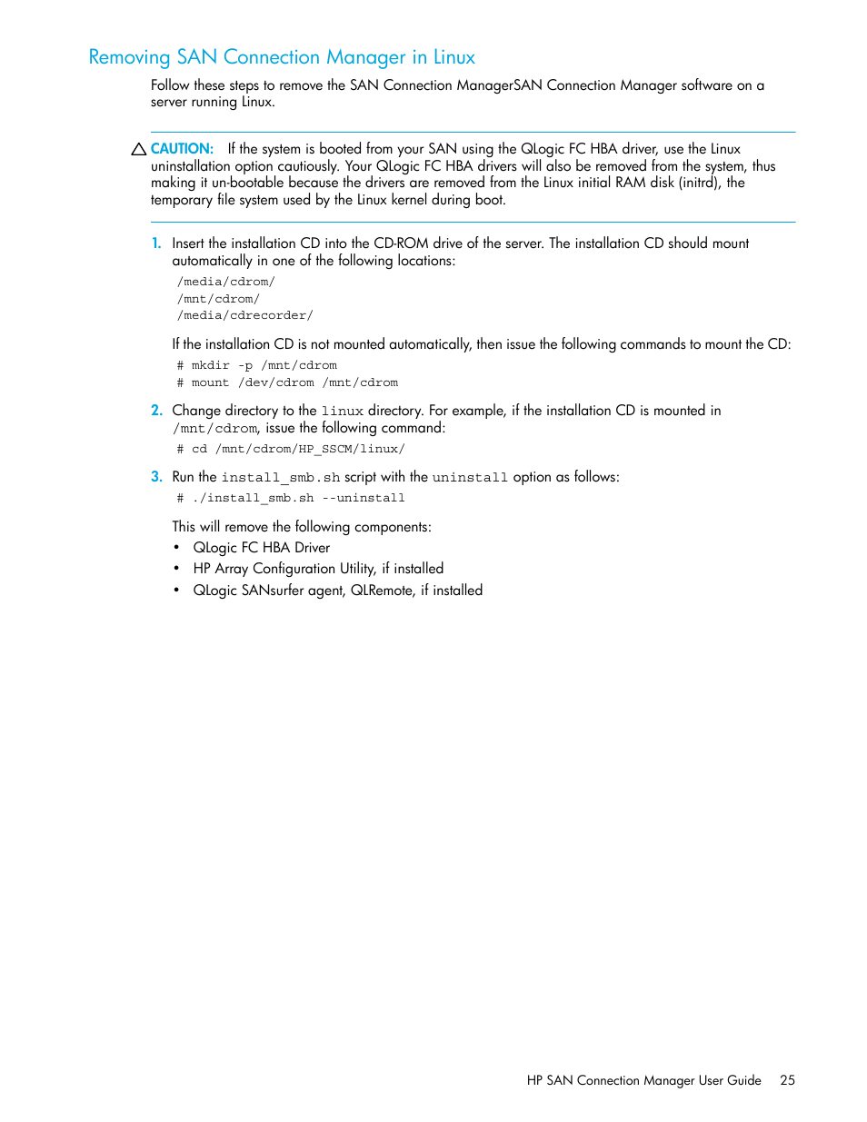 Removing san connection manager in linux | HP 8.20q Fibre Channel Switch User Manual | Page 25 / 162