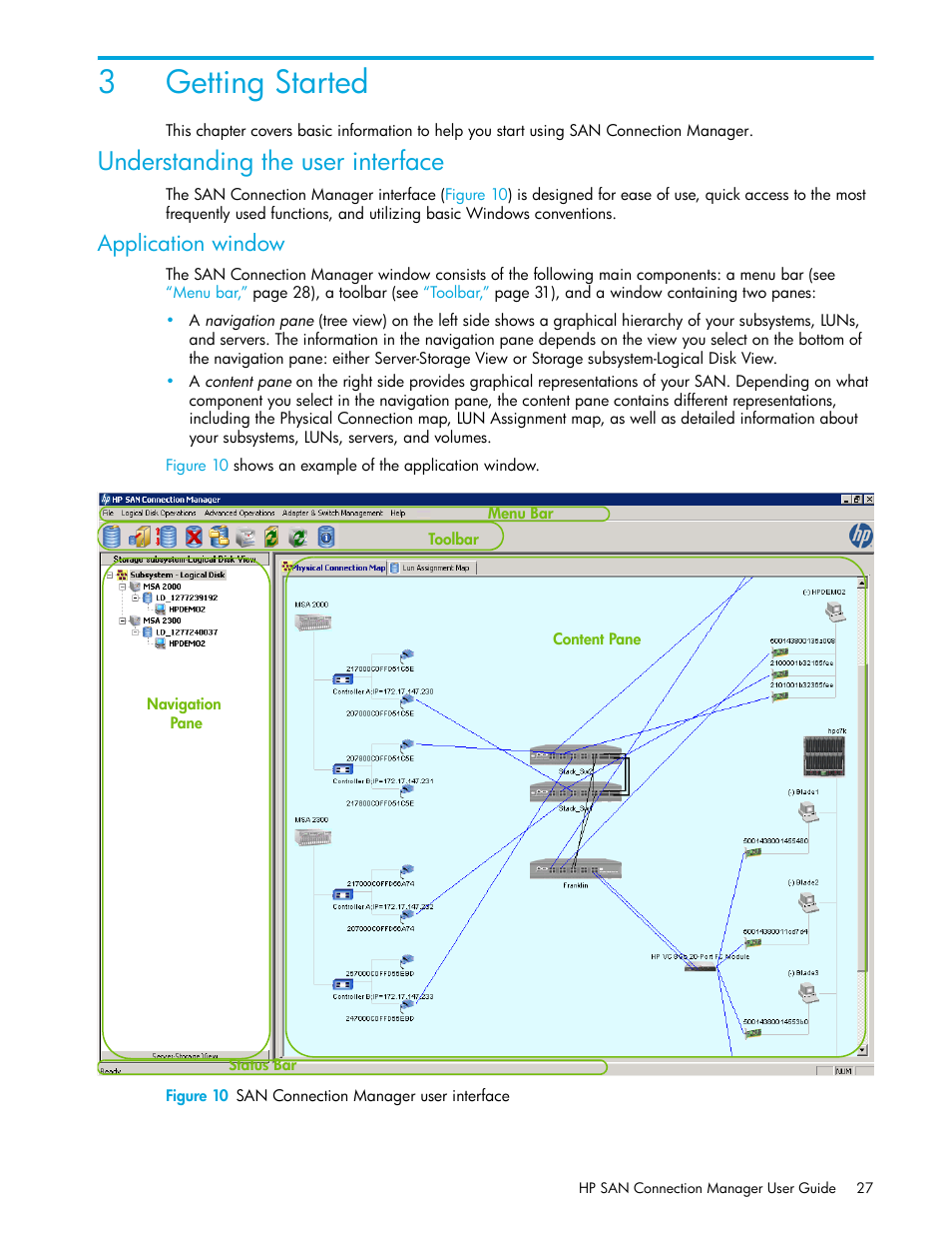 Getting started, Understanding the user interface, Application window | 3 getting started, 10 san connection manager user interface, 3getting started | HP 8.20q Fibre Channel Switch User Manual | Page 27 / 162