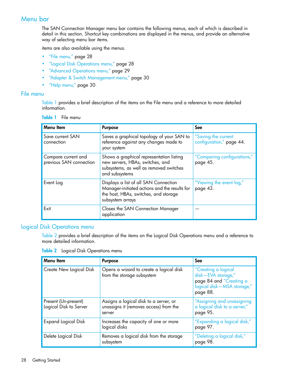 Menu bar, File menu, Logical disk operations menu | 1 file menu, 2 logical disk operations menu | HP 8.20q Fibre Channel Switch User Manual | Page 28 / 162