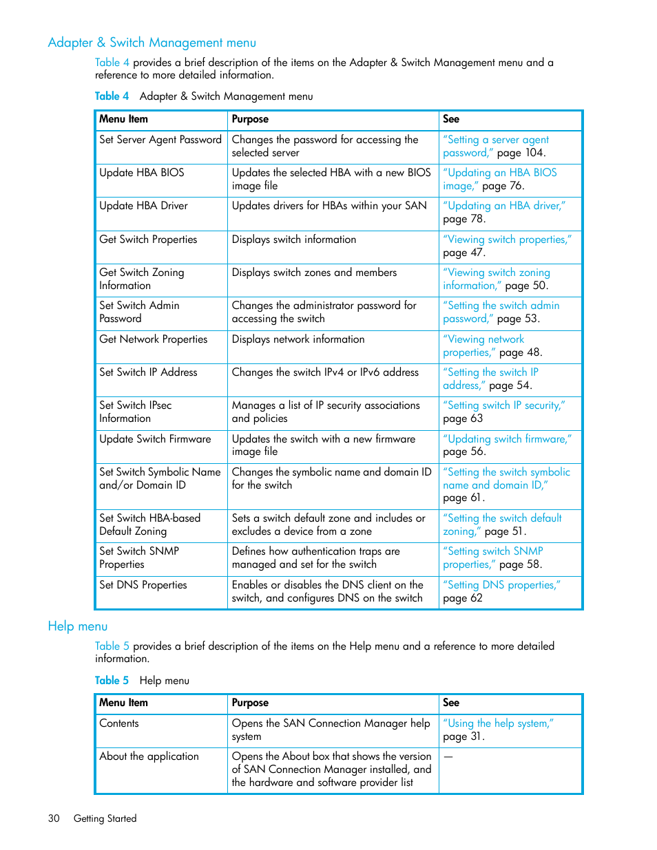 Adapter & switch management menu, Help menu, 4 adapter & switch management menu | 5 help menu | HP 8.20q Fibre Channel Switch User Manual | Page 30 / 162