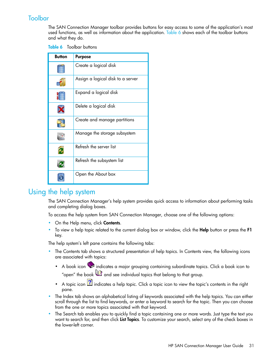 Toolbar, Using the help system, 6 toolbar buttons | HP 8.20q Fibre Channel Switch User Manual | Page 31 / 162