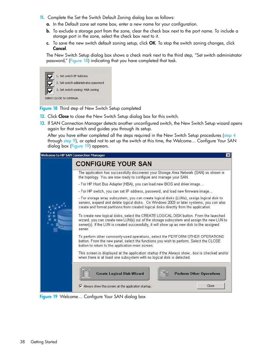 18 third step of new switch setup completed, 19 welcome… configure your san dialog box, Step 9 | HP 8.20q Fibre Channel Switch User Manual | Page 38 / 162