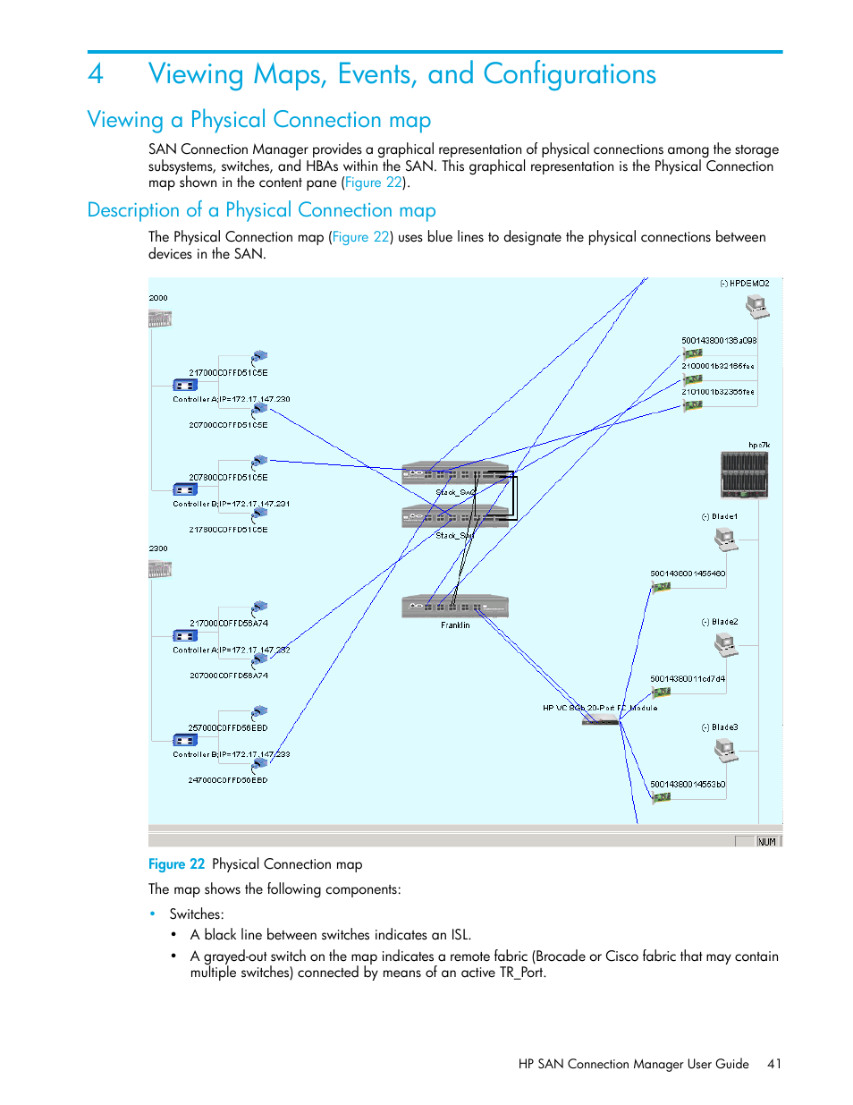 Viewing maps, events, and configurations, Viewing a physical connection map, Description of a physical connection map | 4 viewing maps, events, and configurations, 22 physical connection map, 4viewing maps, events, and configurations | HP 8.20q Fibre Channel Switch User Manual | Page 41 / 162