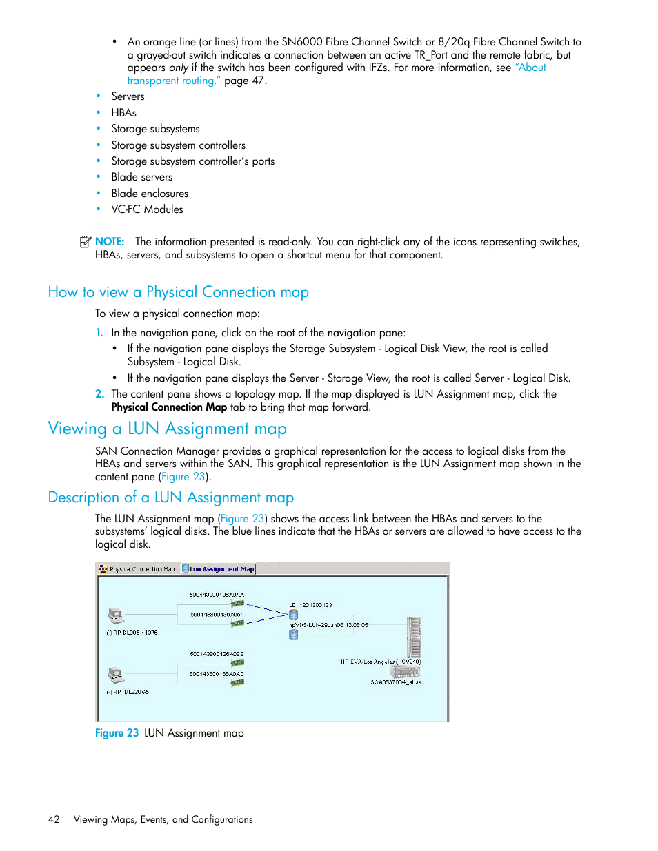 How to view a physical connection map, Viewing a lun assignment map, Description of a lun assignment map | 23 lun assignment map | HP 8.20q Fibre Channel Switch User Manual | Page 42 / 162