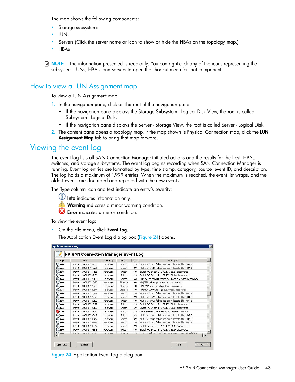 How to view a lun assignment map, Viewing the event log, 24 application event log dialog box | HP 8.20q Fibre Channel Switch User Manual | Page 43 / 162