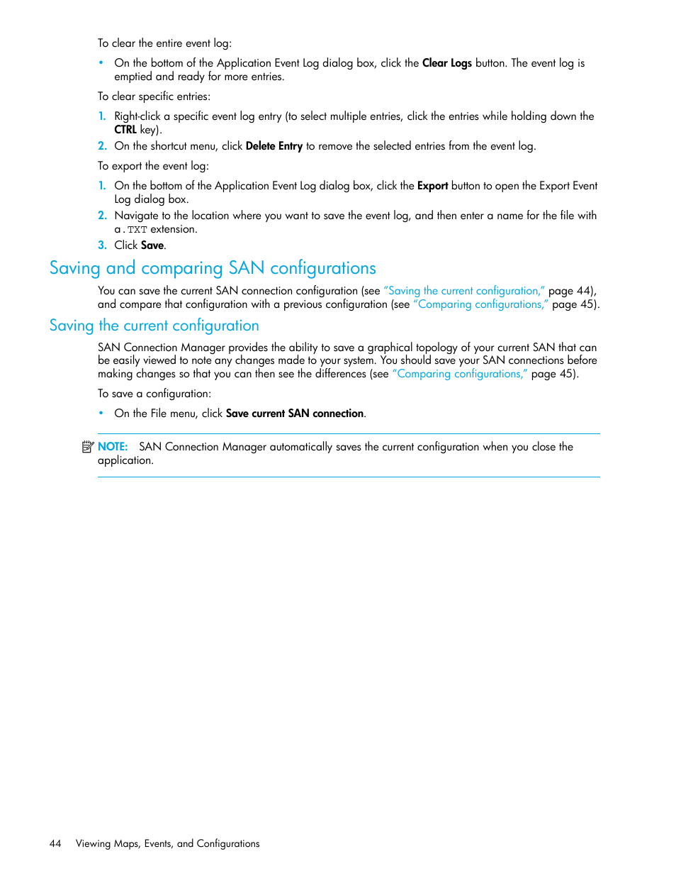 Saving and comparing san configurations, Saving the current configuration, Saving the current | Configuration | HP 8.20q Fibre Channel Switch User Manual | Page 44 / 162