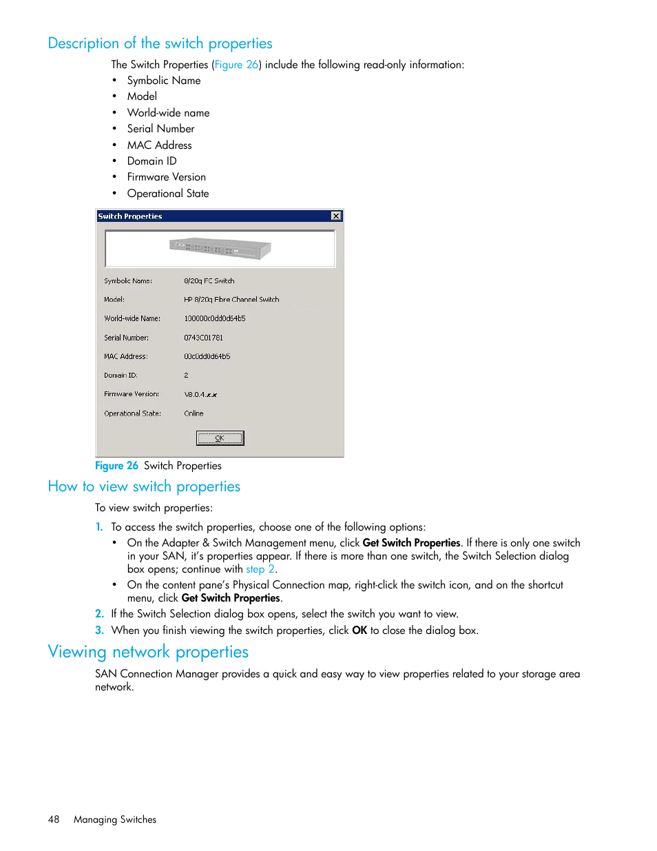 Description of the switch properties, How to view switch properties, Viewing network properties | 26 switch properties, Viewing network, Properties | HP 8.20q Fibre Channel Switch User Manual | Page 48 / 162