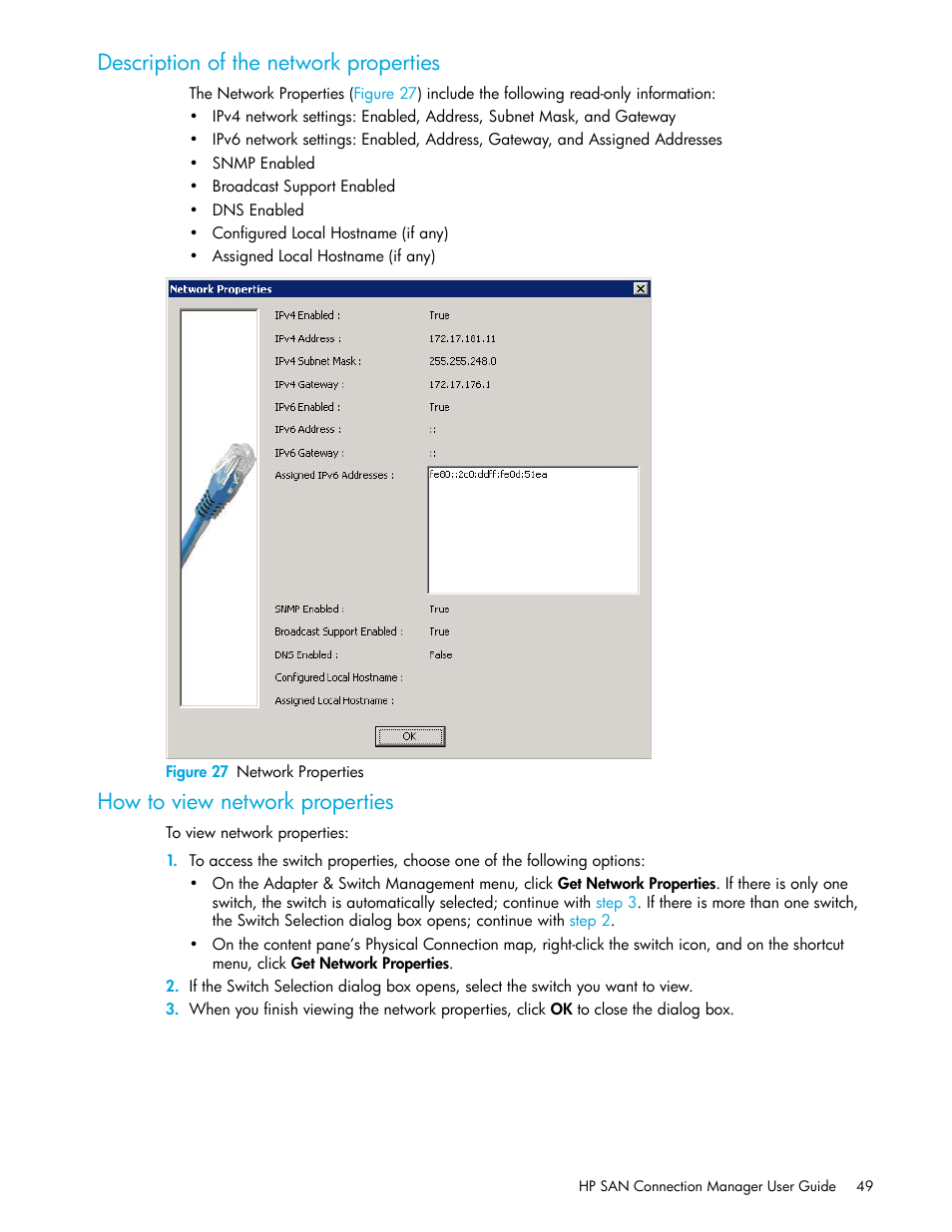 Description of the network properties, How to view network properties, 27 network properties | HP 8.20q Fibre Channel Switch User Manual | Page 49 / 162