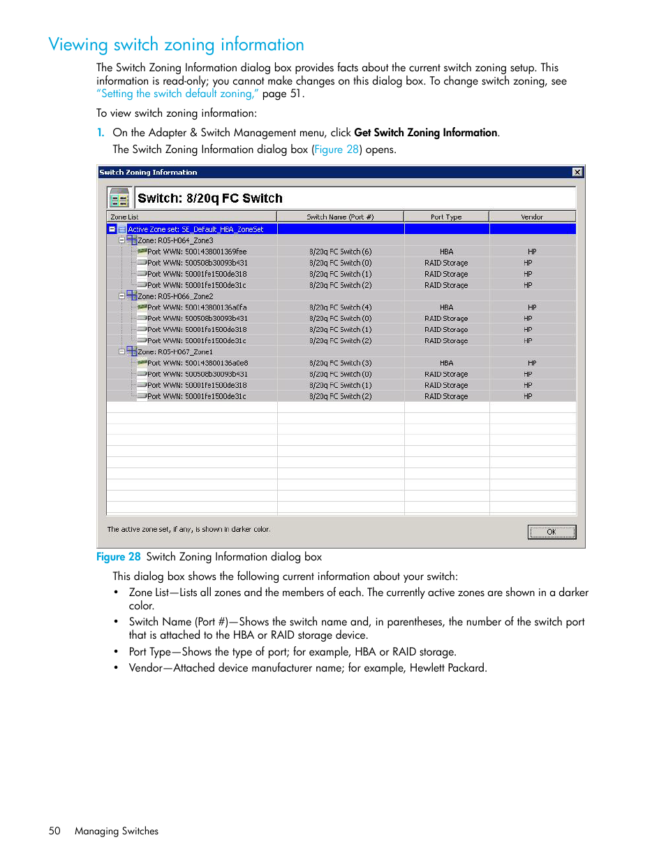 Viewing switch zoning information, 28 switch zoning information dialog box, Viewing switch zoning | Information | HP 8.20q Fibre Channel Switch User Manual | Page 50 / 162