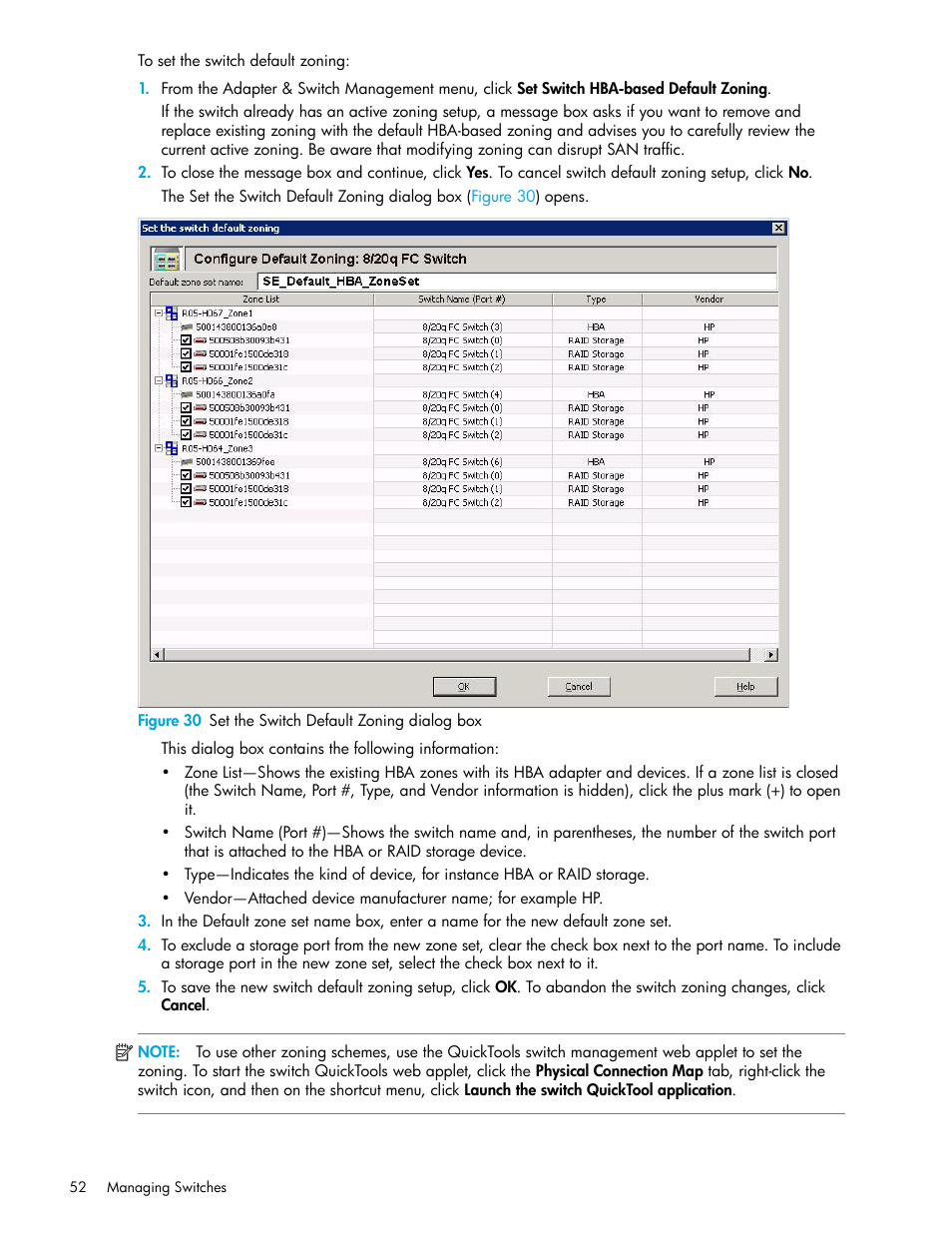 30 set the switch default zoning dialog box | HP 8.20q Fibre Channel Switch User Manual | Page 52 / 162