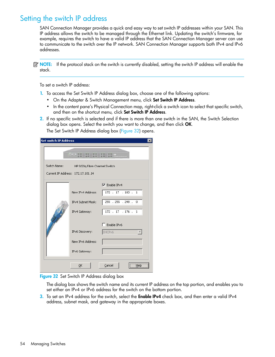 Setting the switch ip address, 32 set switch ip address dialog box, Setting the switch ip | Address, Setting the switch, Ip address | HP 8.20q Fibre Channel Switch User Manual | Page 54 / 162