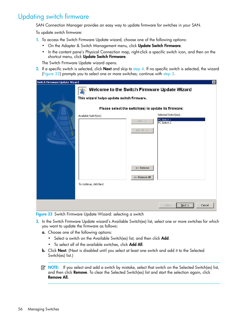 Updating switch firmware, Updating, Switch firmware | HP 8.20q Fibre Channel Switch User Manual | Page 56 / 162