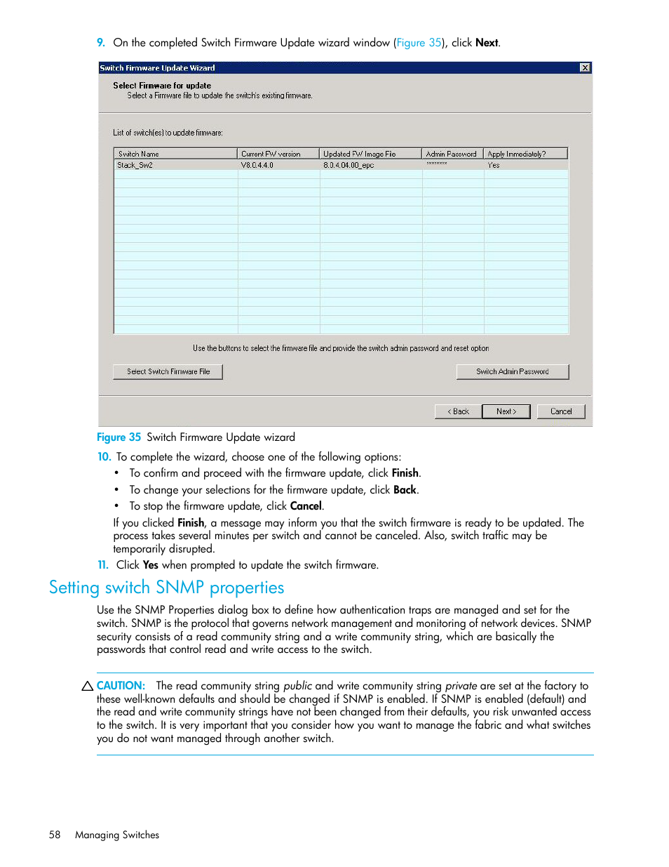 Setting switch snmp properties, 35 switch firmware update wizard, Setting switch snmp | Properties, Step 9 | HP 8.20q Fibre Channel Switch User Manual | Page 58 / 162