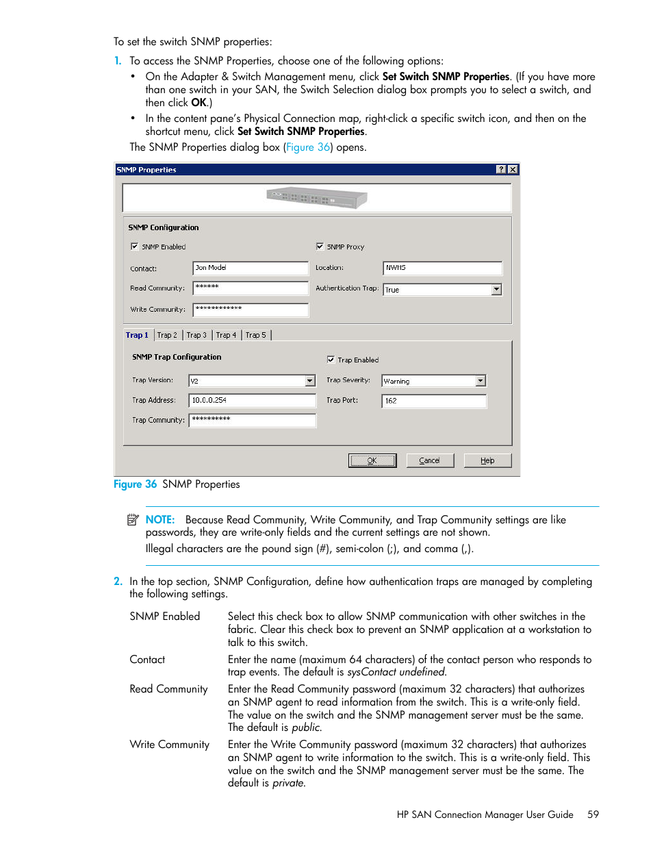 36 snmp properties | HP 8.20q Fibre Channel Switch User Manual | Page 59 / 162