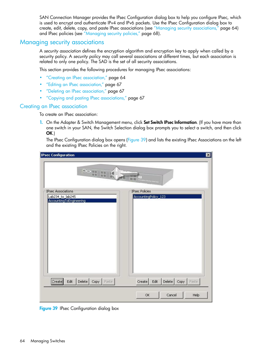 Managing security associations, Creating an ipsec association, 39 ipsec configuration dialog box | HP 8.20q Fibre Channel Switch User Manual | Page 64 / 162