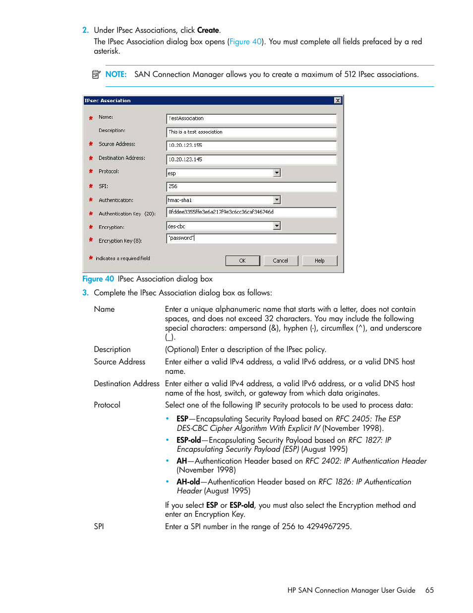 40 ipsec association dialog box | HP 8.20q Fibre Channel Switch User Manual | Page 65 / 162