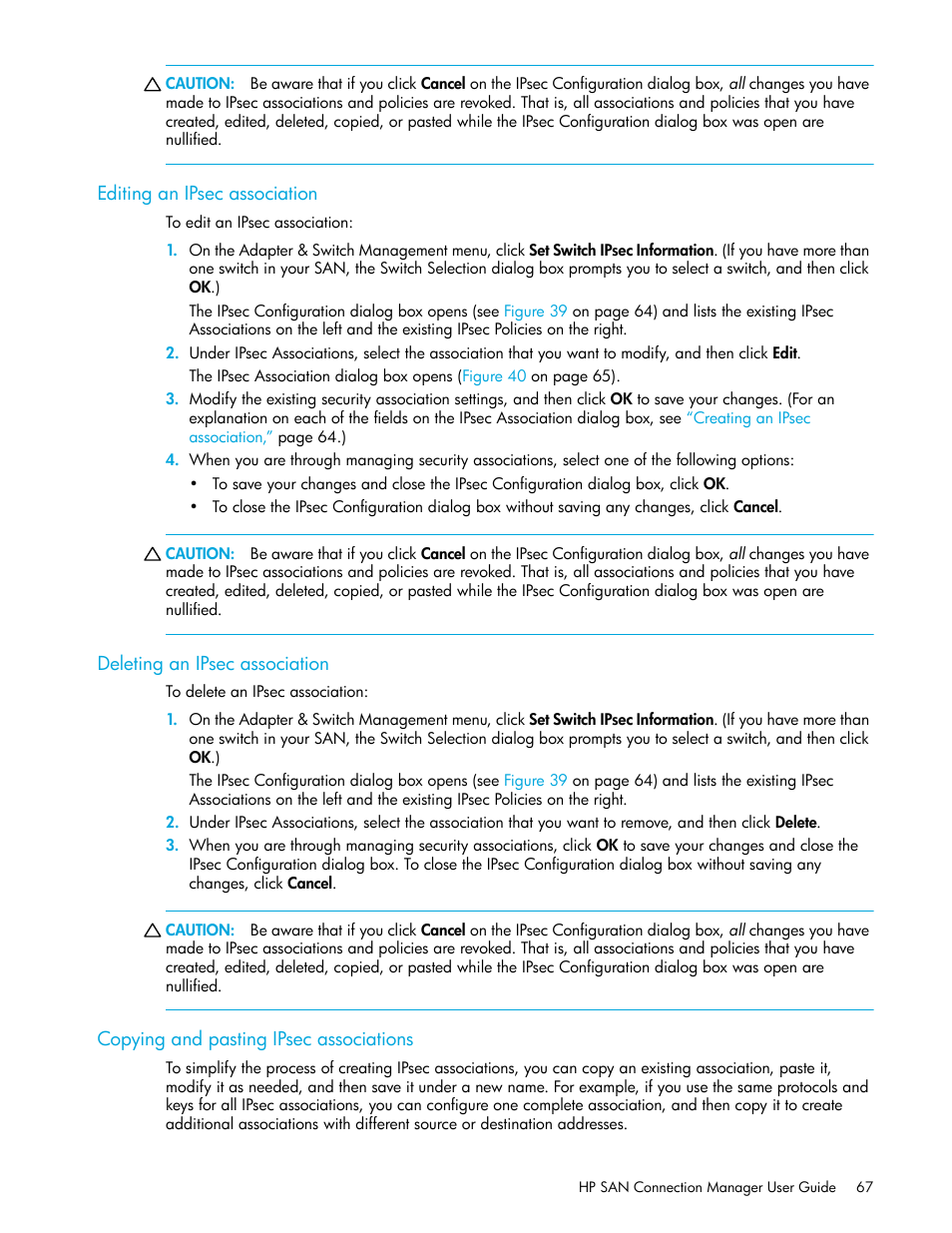 Editing an ipsec association, Deleting an ipsec association, Copying and pasting ipsec associations | HP 8.20q Fibre Channel Switch User Manual | Page 67 / 162