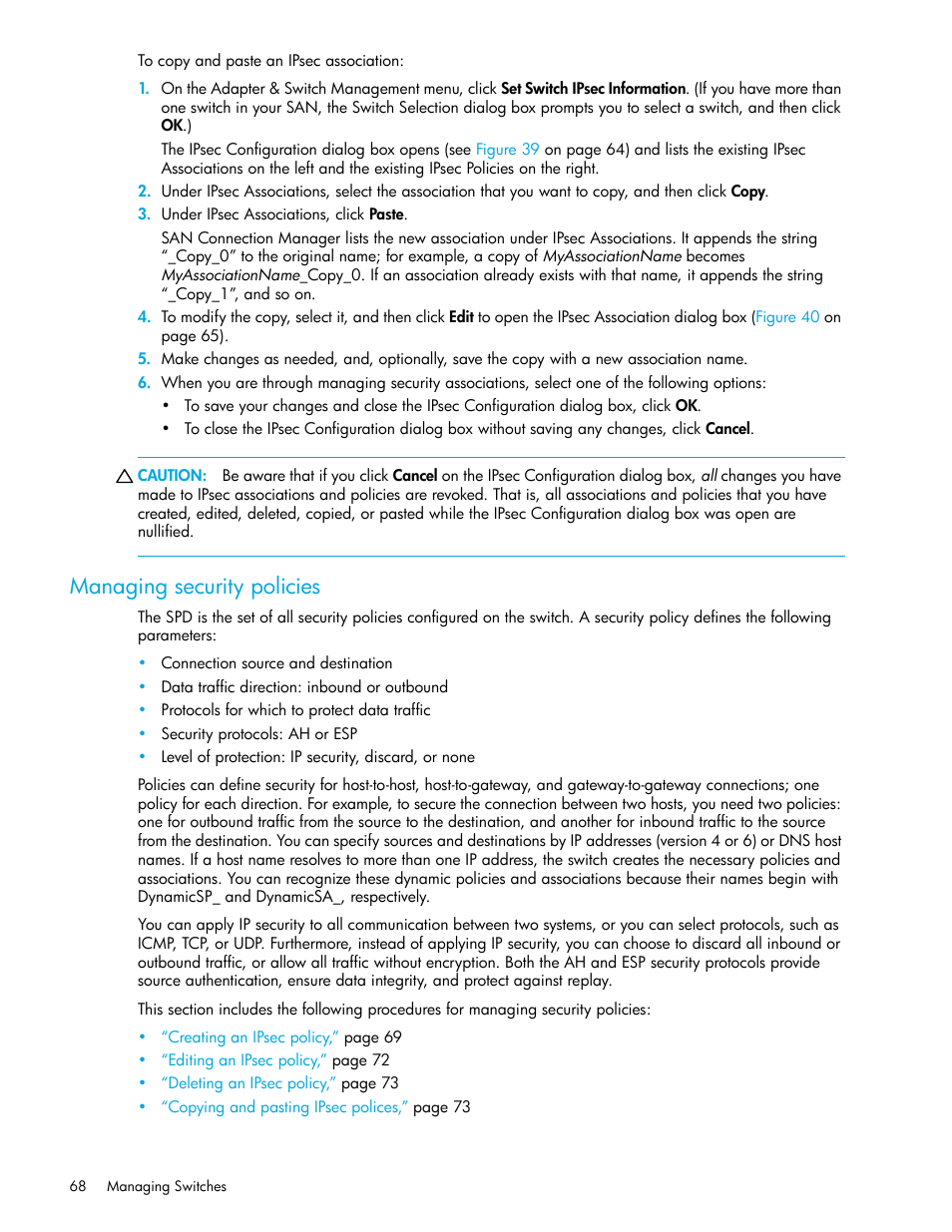 Managing security policies | HP 8.20q Fibre Channel Switch User Manual | Page 68 / 162