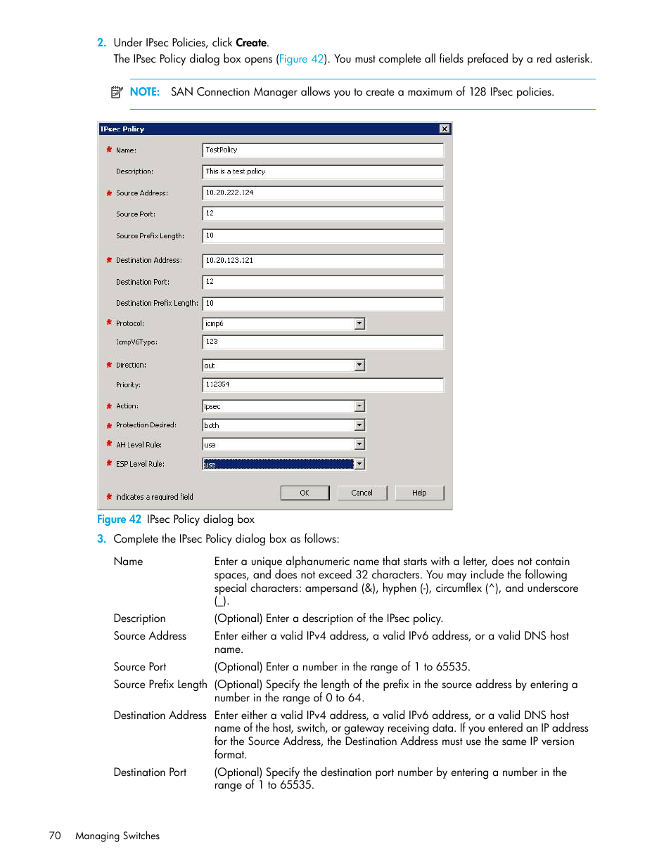 42 ipsec policy dialog box | HP 8.20q Fibre Channel Switch User Manual | Page 70 / 162