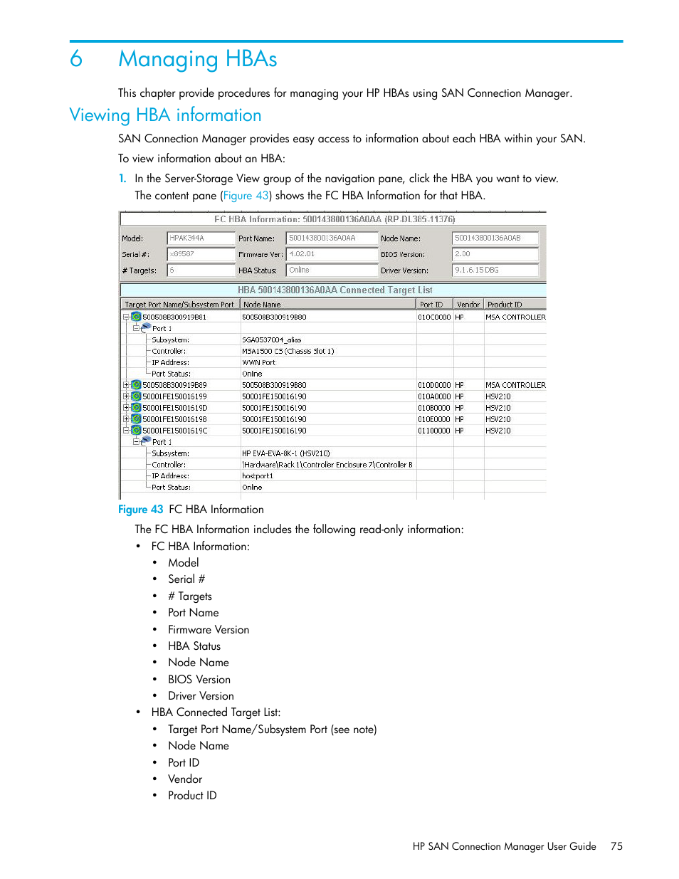 Managing hbas, Viewing hba information, 6 managing hbas | 43 fc hba information, 6managing hbas | HP 8.20q Fibre Channel Switch User Manual | Page 75 / 162