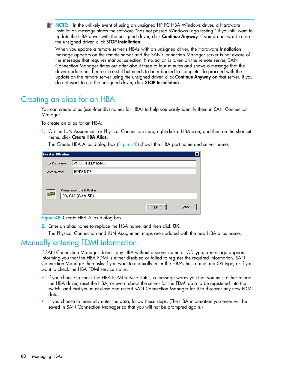 Creating an alias for an hba, Manually entering fdmi information, 48 create hba alias dialog box | Manually entering fdmi, Information | HP 8.20q Fibre Channel Switch User Manual | Page 80 / 162