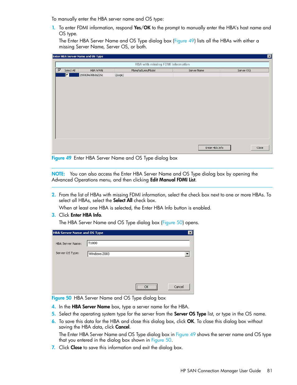 49 enter hba server name and os type dialog box, 50 hba server name and os type dialog box | HP 8.20q Fibre Channel Switch User Manual | Page 81 / 162