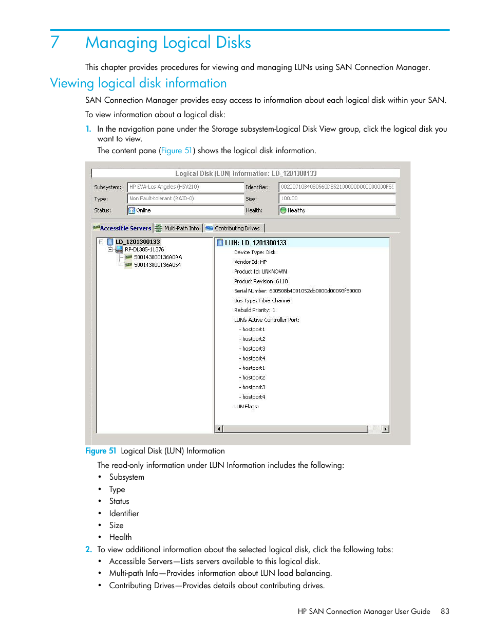 Managing logical disks, Viewing logical disk information, 7 managing logical disks | 51 logical disk (lun) information, 7managing logical disks | HP 8.20q Fibre Channel Switch User Manual | Page 83 / 162