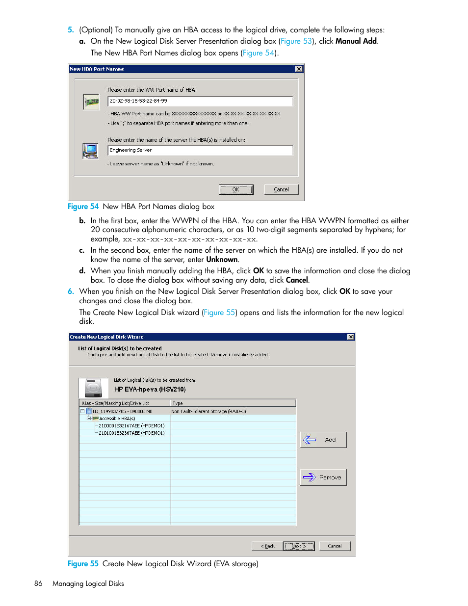 54 new hba port names dialog box, 55 create new logical disk wizard (eva storage) | HP 8.20q Fibre Channel Switch User Manual | Page 86 / 162