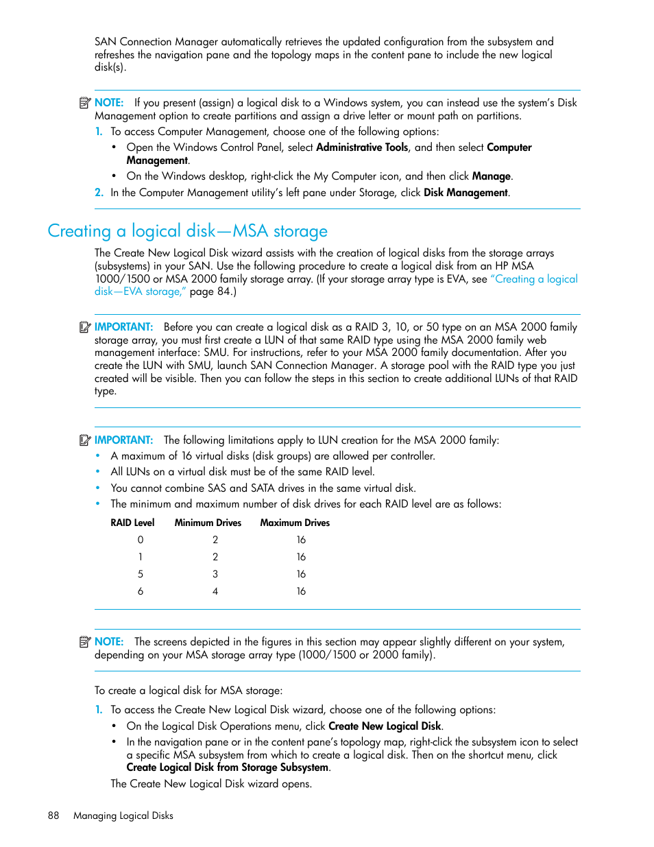 Creating a logical disk—msa storage, Creating a, Logical disk—msa storage | HP 8.20q Fibre Channel Switch User Manual | Page 88 / 162