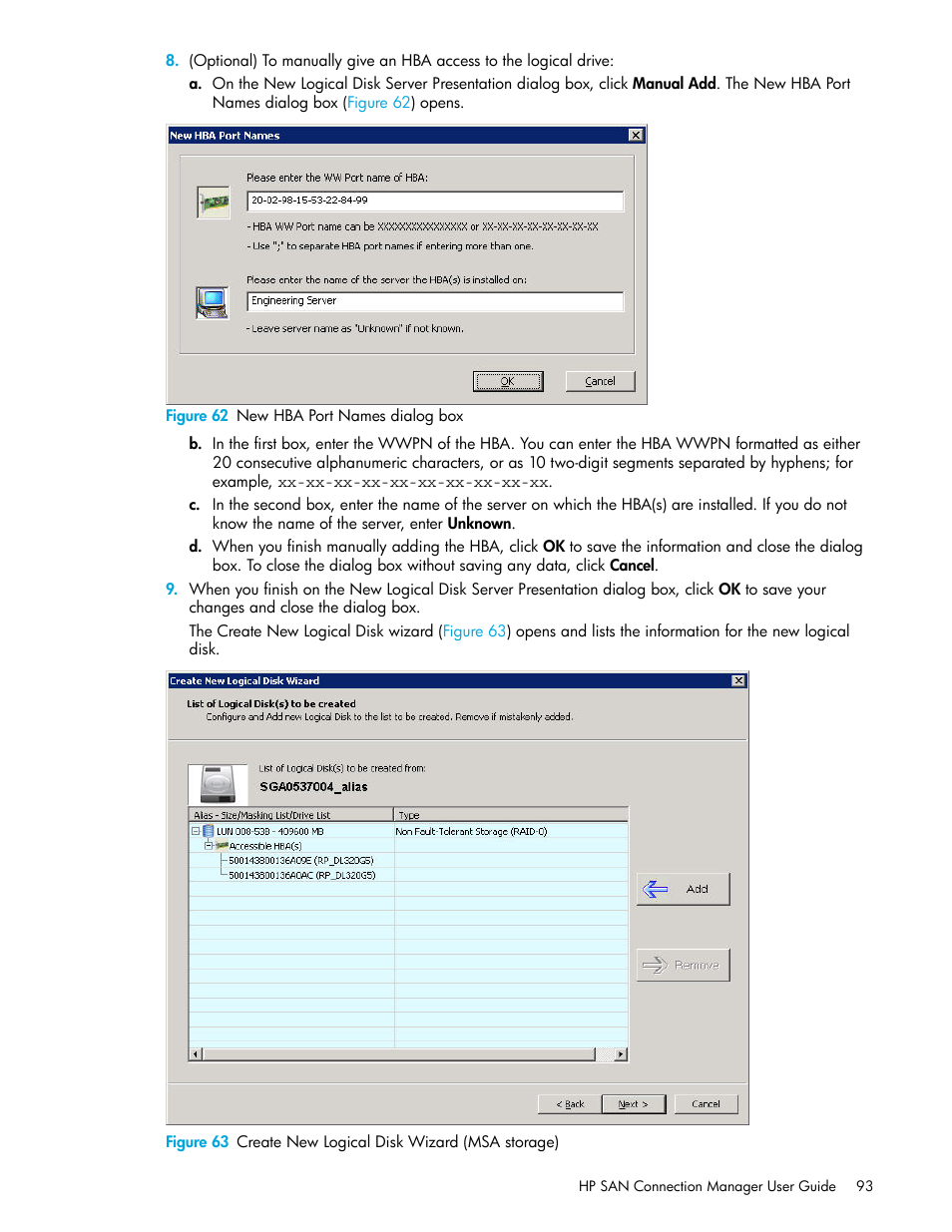 62 new hba port names dialog box, 63 create new logical disk wizard (msa storage) | HP 8.20q Fibre Channel Switch User Manual | Page 93 / 162