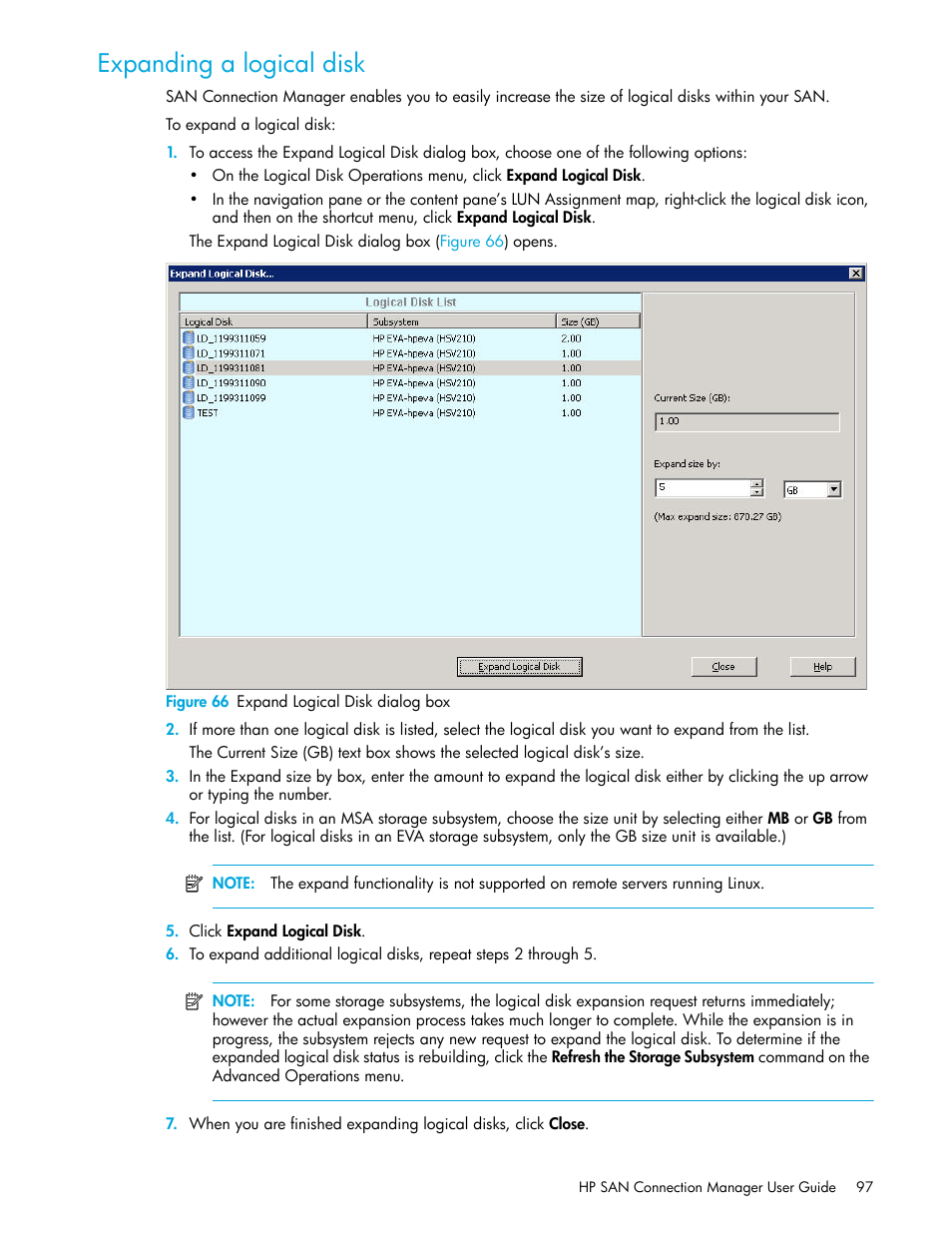 Expanding a logical disk, 66 expand logical disk dialog box, Expanding a | Logical disk | HP 8.20q Fibre Channel Switch User Manual | Page 97 / 162