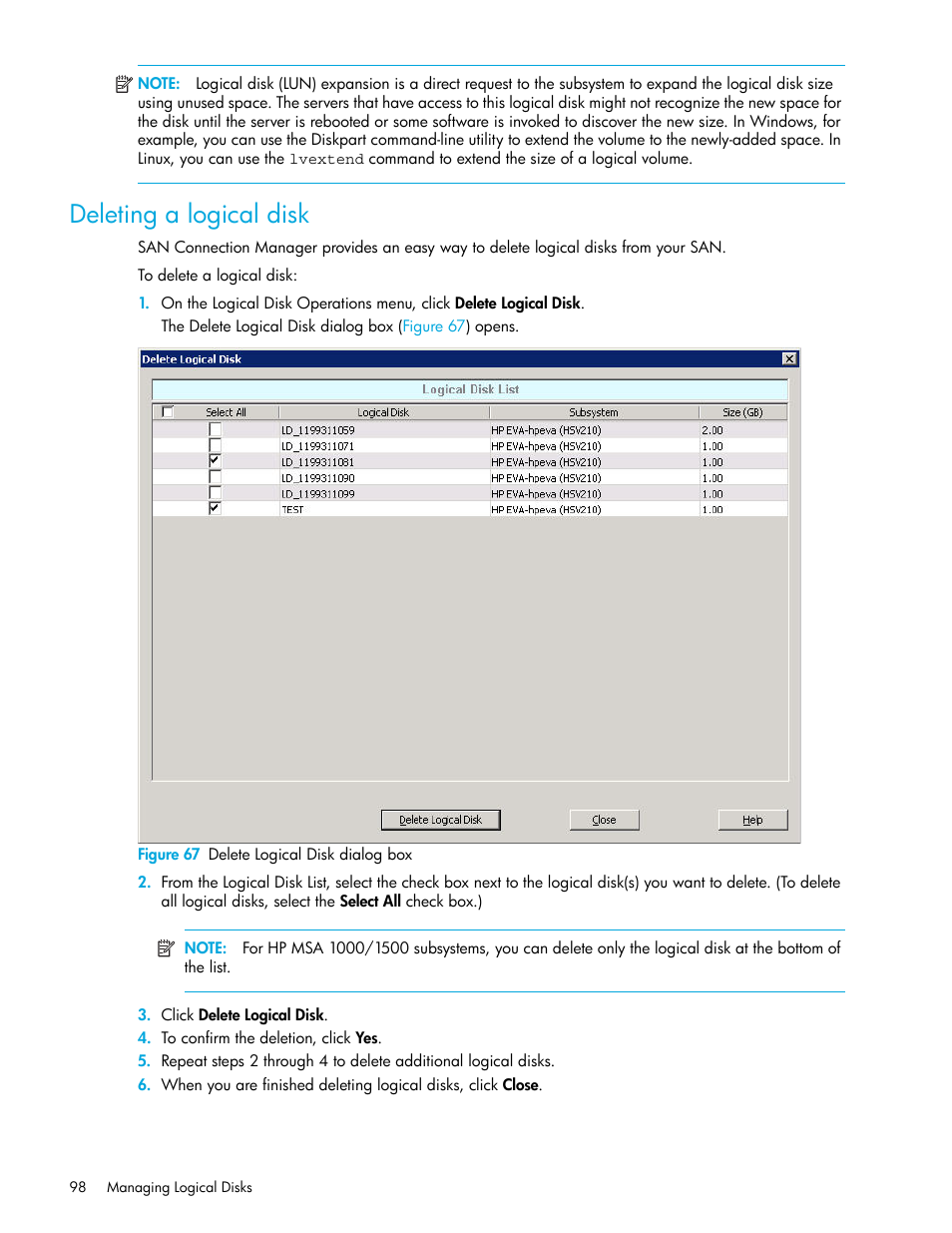 Deleting a logical disk, 67 delete logical disk dialog box, Deleting a logical | Disk | HP 8.20q Fibre Channel Switch User Manual | Page 98 / 162