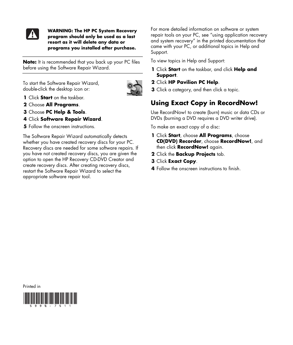 Using exact copy in recordnow | HP Pavilion a527x Desktop PC User Manual | Page 2 / 2