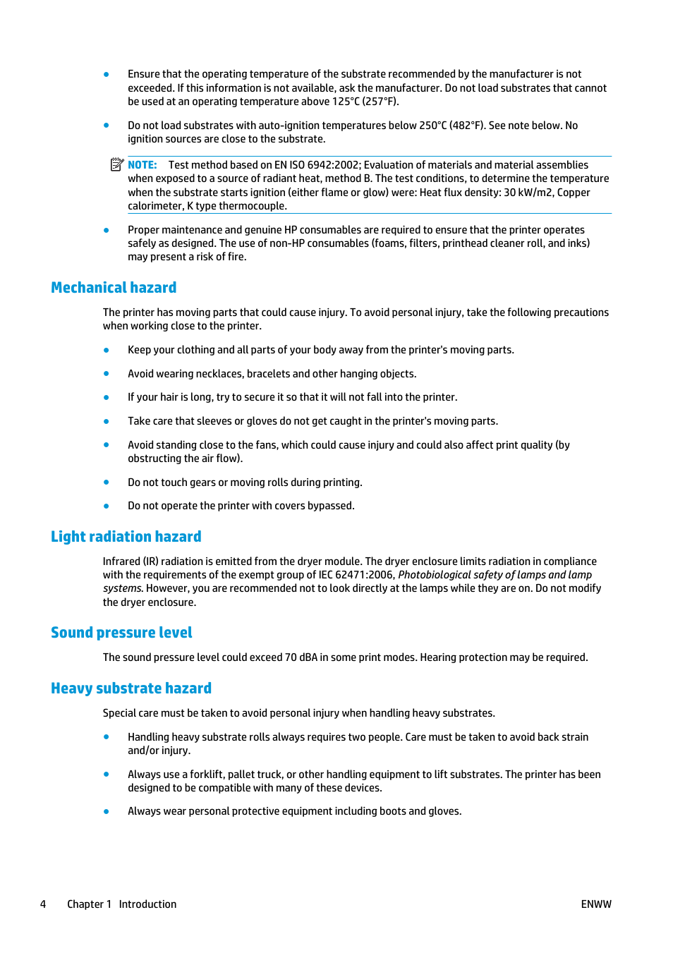 Mechanical hazard, Light radiation hazard, Sound pressure level | Heavy substrate hazard | HP Latex 3000 Printer User Manual | Page 10 / 312