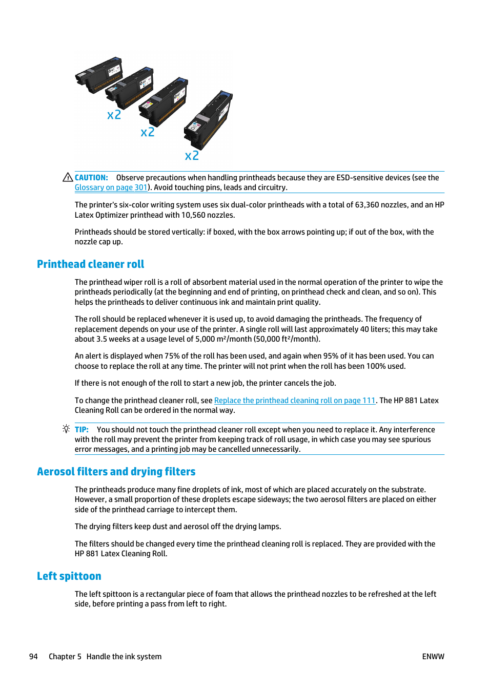 Printhead cleaner roll, Aerosol filters and drying filters, Left spittoon | HP Latex 3000 Printer User Manual | Page 100 / 312