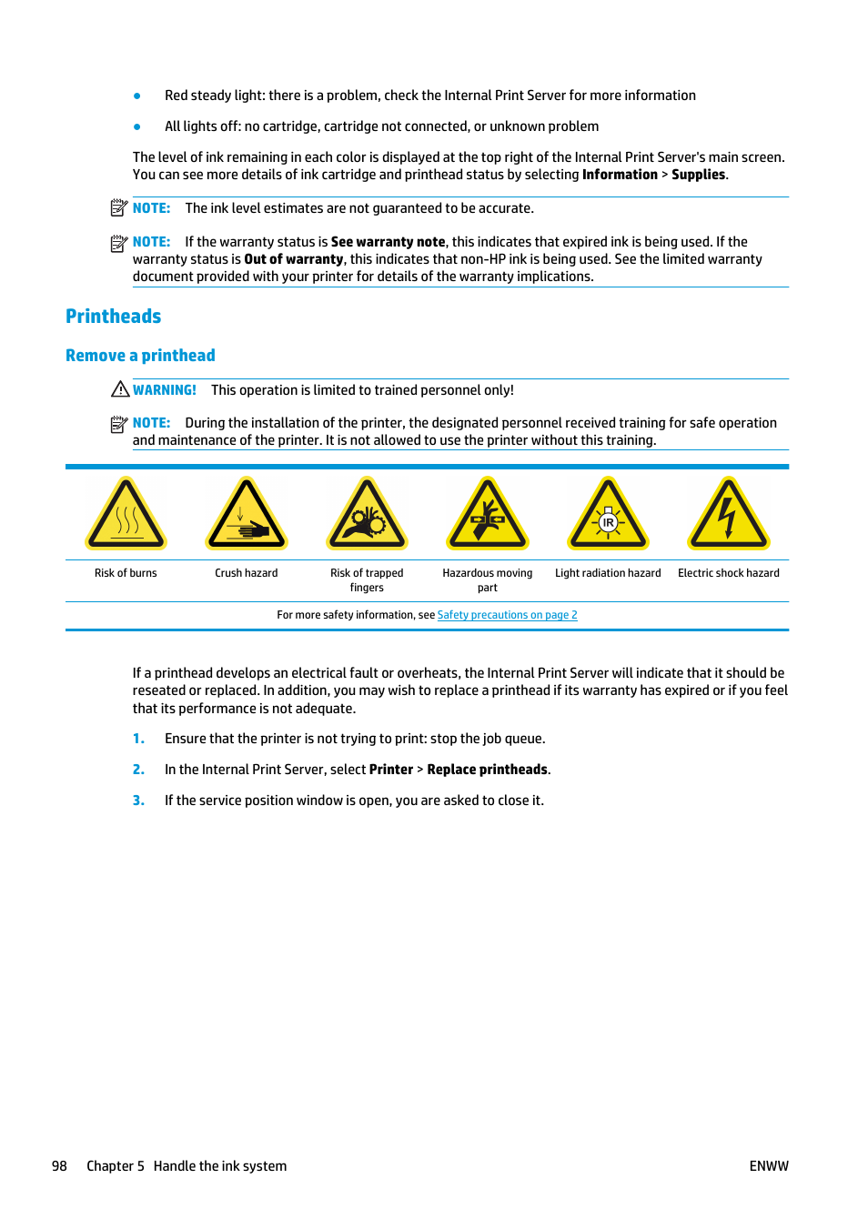 Printheads, Remove a printhead | HP Latex 3000 Printer User Manual | Page 104 / 312