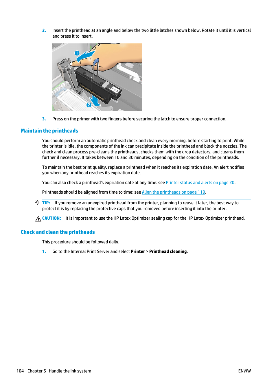 Maintain the printheads, Check and clean the printheads | HP Latex 3000 Printer User Manual | Page 110 / 312